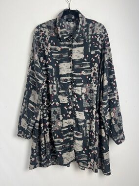 Comfy USA 2X Sally Abstract Print Button Down Lagenlook Long Tunic Shirt